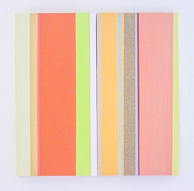 Straight lines in vertical and horizontal formations create a structured chromatic interplay, with unpainted wood as a subtle yet disruptive element. 6
