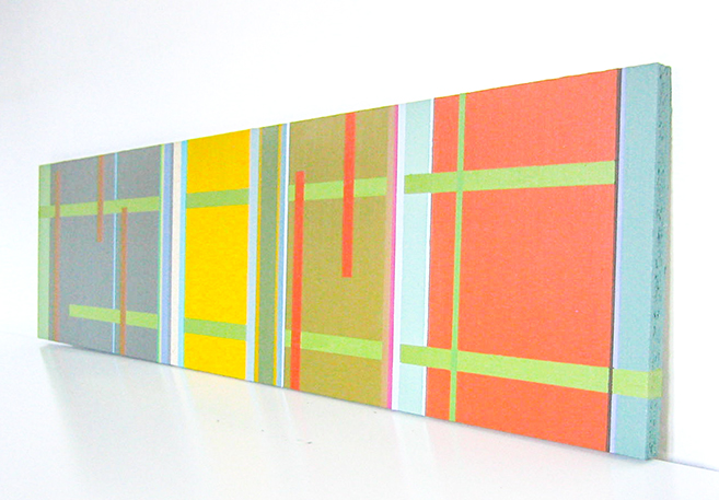 Straight lines in vertical and horizontal formations create a structured chromatic interplay, with unpainted wood as a subtle yet disruptive element. 7
