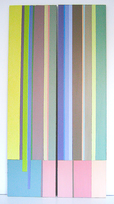 Straight lines in vertical and horizontal formations create a structured chromatic interplay, with unpainted wood as a subtle yet disruptive element. 4