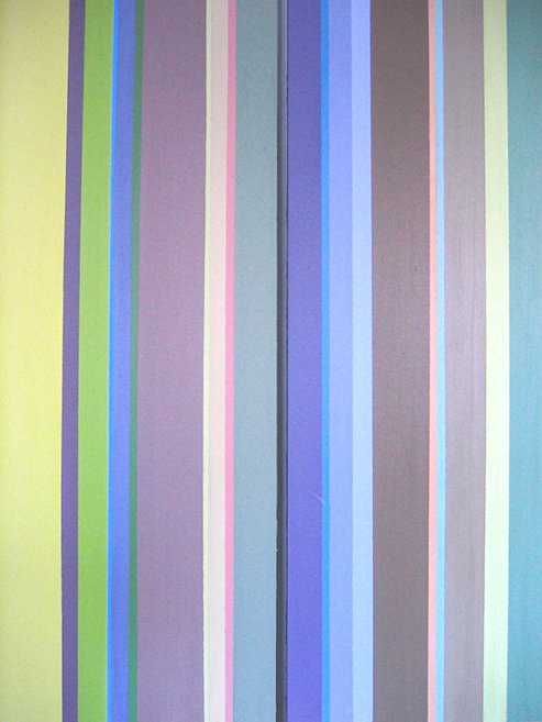 Straight lines in vertical and horizontal formations create a structured chromatic interplay, with unpainted wood as a subtle yet disruptive element. 5