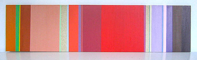 Straight lines in vertical and horizontal formations create a structured chromatic interplay, with unpainted wood as a subtle yet disruptive element. 8