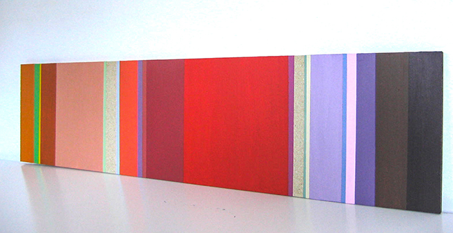 Straight lines in vertical and horizontal formations create a structured chromatic interplay, with unpainted wood as a subtle yet disruptive element. 9