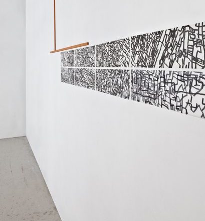 An exhibition at Marsden Woo Gallery exploring the interplay between architectural drawings, digital mapping, and spatial reality through abstraction and materiality. 8