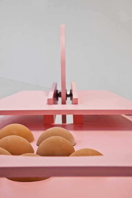 Ceramic installations inspired by childhood soapbox cars, exploring time, memory, and space at Gallery 21 in Malmö. 12